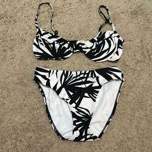 La Roche Women's L Tropical Print Bikini Set Black White Underwire Swimsuit New